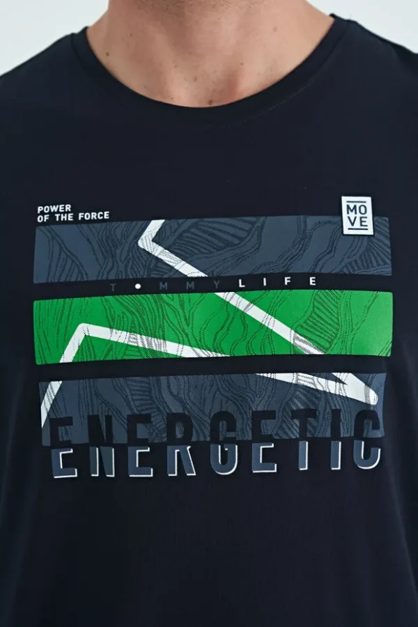 Tshirt à col rond pour homme en bleu marine imprimé – Image 3